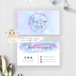 AURORA - Pastel Business Card Template, Holographic Pink Blue Unicorn Watercolor Modern Business card, Editable, Printable ADD LOGO Card