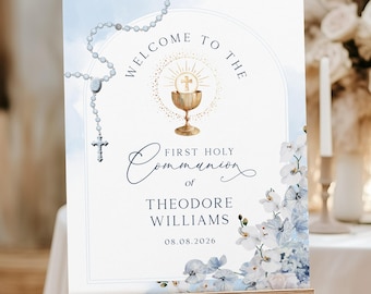 Blau weiße Orchidee Erstkommunion Willkommensschild (editierbare druckbare digitale Vorlage) OR05