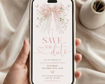 IVY - BLUSH Pink Floral Bow Butterflies Save The Date Girl Baptism Phone Evite, Editable Template