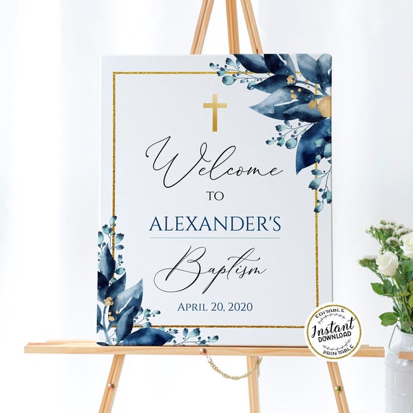 ST PETER - Blue Gold Baptism Welcome Sign Template, Editable Baptism Decorations boy, Welcome Christening sign, Printable Welcome