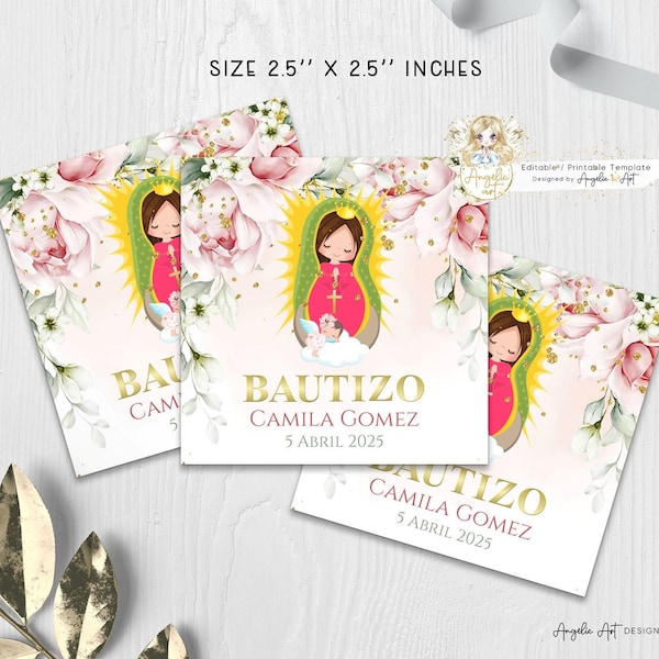 Bautizo gunstkaartjes Niña, Virgen de Guadalupe Bautizo gunstmeisje, Mi Bautizo etiketten, Spaanse doopetiketten Cadeaukaartjes | BEWERKBAAR Para Imprimir