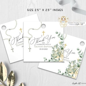 LEVI - Greenery Gold Baptism Favor Tags Template Editable Sage Green Rosary Baptism Gift Tags Printable Thank you tag Boy Girl Baptism Tags