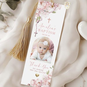 SOPHIA - Blush Pink Floral Rosary Baptism Bookmark Template ADD PHOTO Editable Printable Peonies Bookmark Keepsake for Baptism Girl Favors