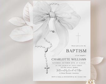WHITE BOW Rosary Baptism Invitation Girl EDITABLE Coquette Baptism Christening Bow Invitation Template Printable Silver Bow Baptism Evite