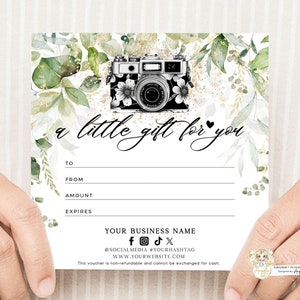 Editable Printable Greenery Gold Photography Gift Certificate Template Photography Gift Card Template Photo session Gift card Photo Voucher
