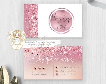 GLAM - Glitter Rose Gold Business Card Template, Add Your LOGO, Editable Rosegold Business Card DIY Business Card,Modern Business Stationery