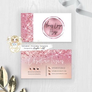 GLAM - Glitter Rose Gold Business Card Template, Add Your LOGO, Editable Rosegold Business Card DIY Business Card,Modern Business Stationery