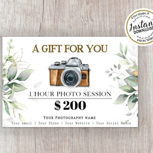 Sjabloon fotografiecadeaubon Bewerkbare sjabloon fotografiecadeaubon Fotosessievoucher Afdrukbare sjabloon Fotovoucher