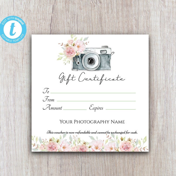 Photography Gift Certificate Template, Gift Voucher Printable Template, Gift Card Download For Customers
