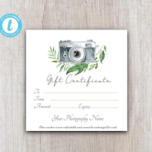 Modèle de chèque-cadeau photographie, carte-cadeau client, modèle de chèque-cadeau, chèque-cadeau à imprimer, carte-cadeau à télécharger pour les clients