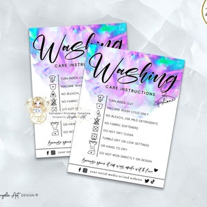 COLIBRI - Purple Teal Neon Washing Care Instructions Template, Holographic Wash Care Insert Card, Printable Colorful Clothing Care, EDITABLE