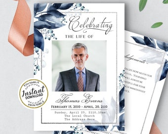 Editable Funeral Program Template Celebration of Life Blue Silver Funeral Template Memorial Service Funeral Program - BL077