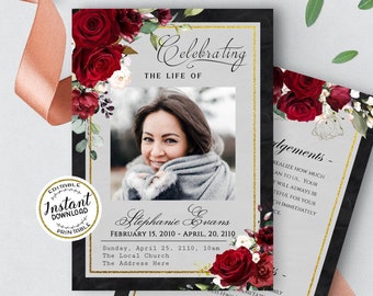Red Roses Funeral Program Template, Order of Service (Editable, Digital Download)