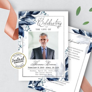 Editable Funeral Program Template Celebration of Life Blue Silver Funeral Template Memorial Service Funeral Program - BL077