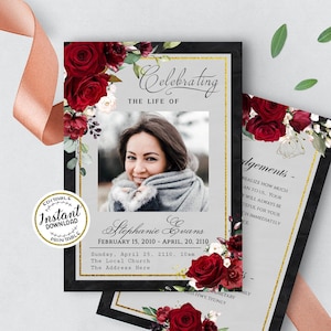 Modello di programma funebre modificabile, modello di servizio commemorativo, 2 DIMENSIONI, programma commemorativo Red Roses Gold, ordine del servizio, necrologio, RB087