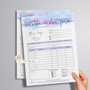 AURORA - Pastel aangepaste bestelformuliersjabloon BEWERKBARE moderne afdrukbare bestelformulier LOGO toevoegen Roze paars bestelformulier Roze Lila zakelijke factuur