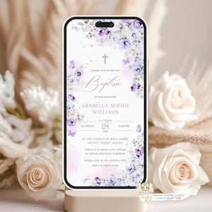 VIOLETA - Modelo de convite de batismo floral roxo lilás editável para menina, borboletas roxas, texto de convite de batismo floral, convite de batismo