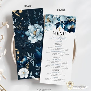 LIAM - Blue Gold Floral Chrzciny Menu Szablon, Edytowalne Chrzciny Menu, Wydrukuj Menu Na Wesele, Prysznic, Kolację, Brunch, Blue Gold Menu