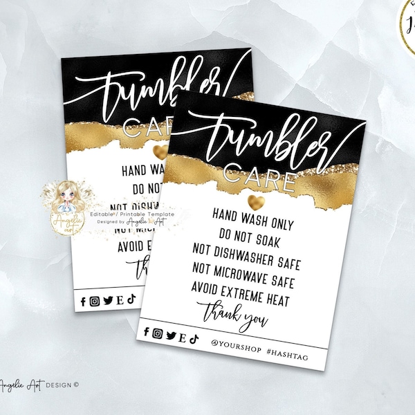 TOUCAN - TUMBLER Business Care Card Template, Black Gold Glitter Tumbler Care Instructions, Luxury Tumbler Packaging, Editable Printable