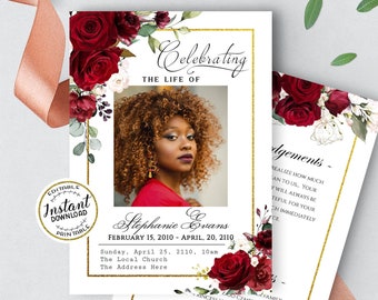 Editable Funeral Program Template, Memorial Service Template, RED GOLD Memorial Program, Order Of Service, Obituary Program