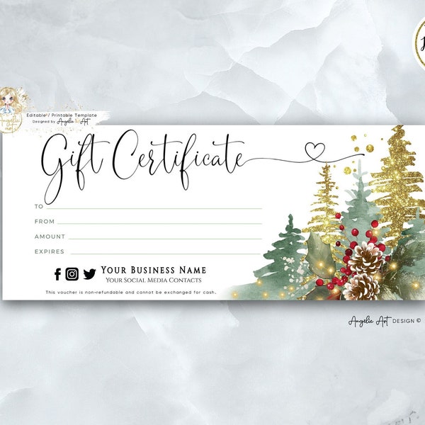 Editable Christmas Tree Gift Certificate • Holiday Printable Gift Voucher • Greenery Gold Gift Card • Christmas Gift Certificate Template
