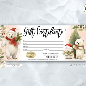 Christmas Bears Gift Certificate Template Holiday Editable Gift Voucher ...