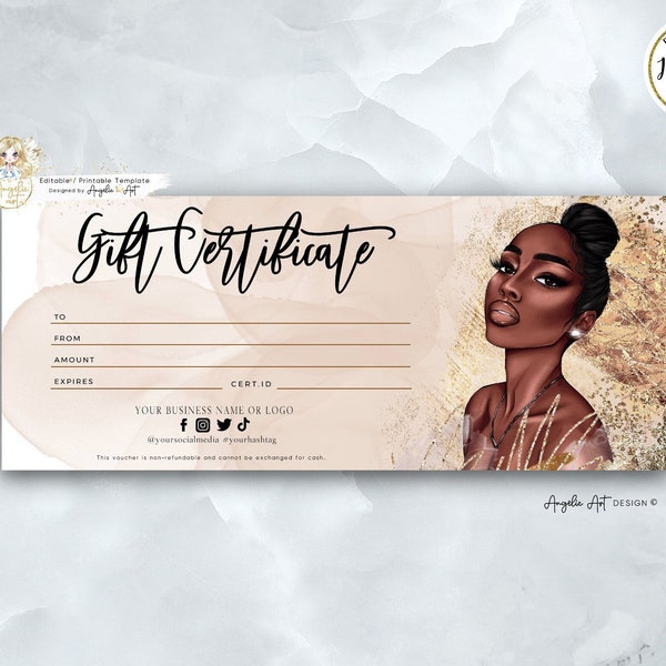 African American Beauty Gift Certificate Template Luxury Beauty Gift Voucher Hair Makeup Stylist Salon Gift Card EDITABLE Printable Template
