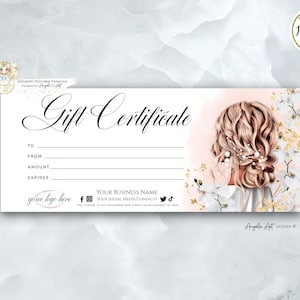 Modelo de certificado de presente de beleza editável, voucher de presente para cabeleireiro, modelo de cartão de presente para impressão, modelo de certificado de cabelo de noiva