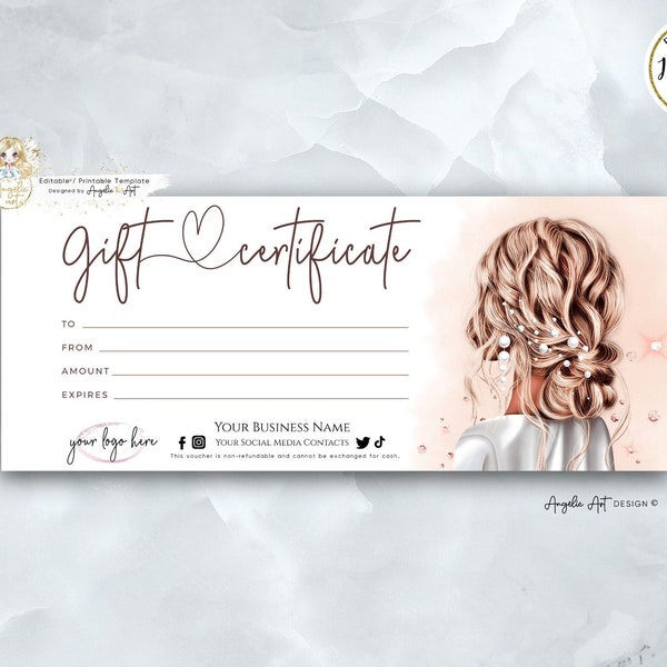 Beauty Gift Certificate Template, Hair Salon Gift Voucher, Hair Stylist Editable Printable Gift Card, Hair Certificate Template