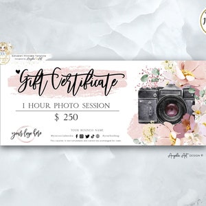 Blumen Fotografie Geschenkgutschein Vorlage, Rosegold Fotografie Geschenkkarte, Fotosession Geschenkkarte, EDITIERBAR druckbarer Foto Gutschein