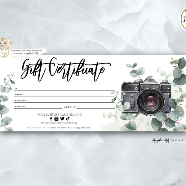 Photography Gift Certificate Template - Eucalyptus Photography gift card template - Photo session voucher card - Printable Voucher, EDITABLE