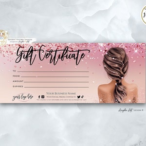 GLAM - Plantilla de certificado de regalo de peluquería de lujo, plantilla de vale de regalo de estilista imprimible editable, tarjeta de regalo de cabello nupcial de oro rosa