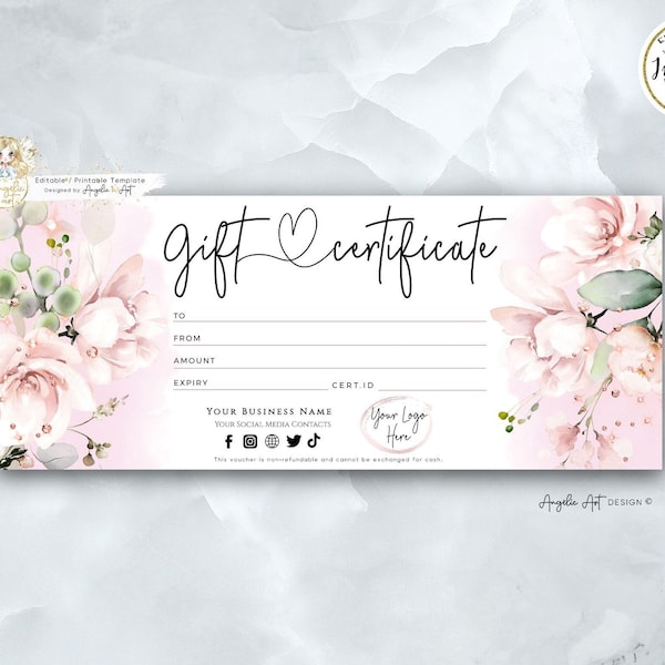 Blush Pink Gift Certificate Template Editable Floral Gift Card Template Greenery Blush Floral Printable Gift Voucher Template