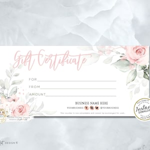 Chèque-cadeau floral modifiable Modèle de chèque-cadeau moderne Chèque-cadeau imprimable délicat Carte-cadeau rose Verdure