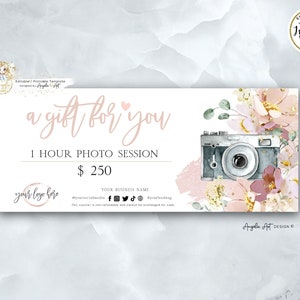 Photography Gift Certificate Template, Editable Printable Photo Gift Certificate, Photo session Gift card, Floral Photography Voucher