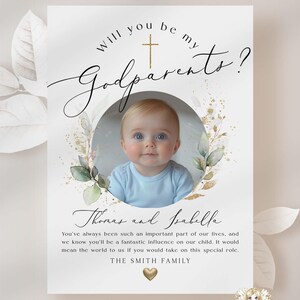 Will You Be My GODPARENTS Proposal Card Template with Photo Editable Printable Greenery Gold Photo Godparent Card Baptism Proposal 025 ROWAN