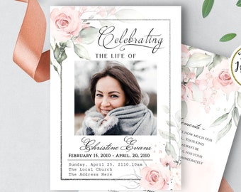 Floral Funeral Program Template – Elegant Memorial Service (Editable, Digital Download)