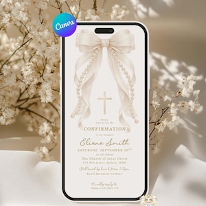 May include: A Confirmation invitation design featuring a cream-colored background with a bow and pearl accents. The invitation includes the text "Confirmation" and the name "Eliana Smith". The design is surrounded by white flowers.