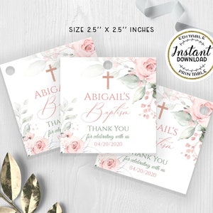 DELICATE - Blush Pink Greenery Baptism Favor Tags Template, EDITABLE Baptism Favor Tags, Rose Gold Floral Printable Thank you tags