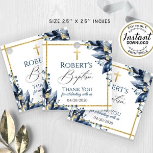 ST PETER - Blue Gold Baptism Favor Tags Template, Editable Baptism Favor Tags, Printable Thank you tags, Blue Baptism Gift Tags