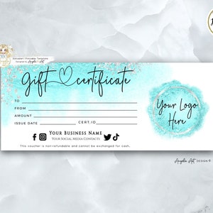 AQUA - Editable Gift Certificate Template, Aqua Silver Modern Gift Voucher Template Printable, Aqua DIY Gift Card, Add Logo