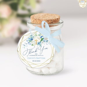ST PAUL - Blue Gold Baptism Round Favor Tags Template - Editable Baptism Favor Tags - Printable Thank you tags - Blue Baptism Gift Tags