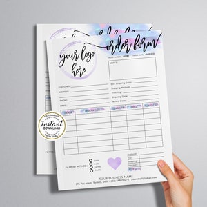 AURORA - Editable Pastel Order Form Template Printable Modern Order Form Add LOGO Holographic Pink Lilac Business Invoice Order Form