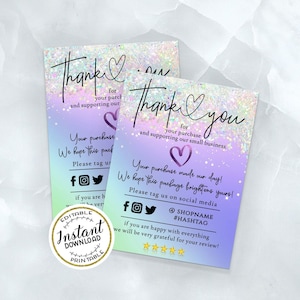 ELF - Holographic Rainbow Pastel Insert Card Template Supporting Small Business Packaging Teal, Purple, Mermaid, Unicorn, EDITABLE Business