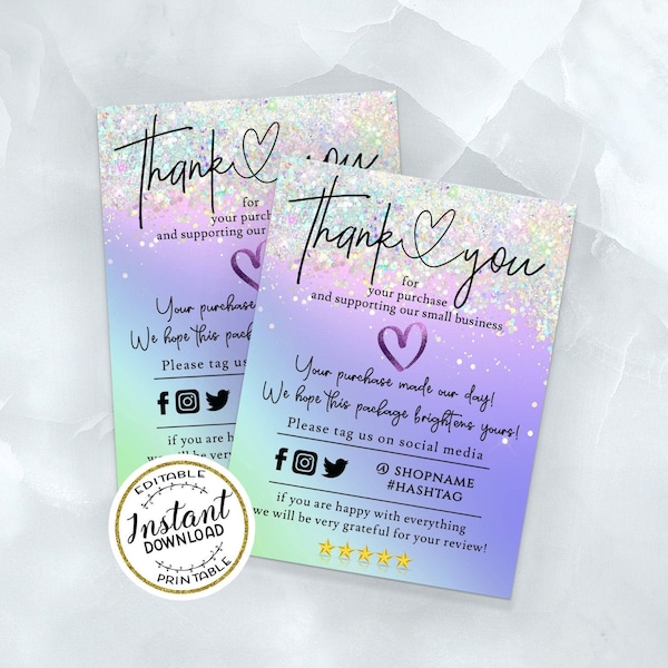 ELF - Holographic Rainbow Pastel Insert Card Template Supporting Small Business Packaging Teal, Purple, Mermaid, Unicorn, EDITABLE Business