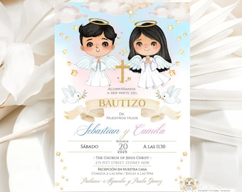 Invitaciones Bautizo Niño y Niña, Invitacion de bautizo imprimible, Angelic Baptism Invitation Boy Girl Spanish EDITABLE