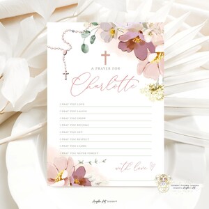 ALMA - Dusty Pink Green Baptism Prayer Card Template, Floral Baptism Blessing Printable EDITABLE Baptism Pink Prayer Card Christening Prayer