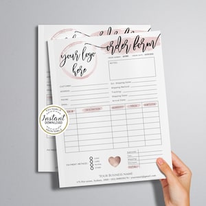 Pode incluir: Um modelo de formulário de pedido imprimível com um design de aquarela rosa. O formulário inclui campos para informações do cliente, detalhes do pedido, informações de envio e método de pagamento. O texto "seu logotipo aqui" está incluído em um círculo.