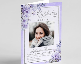 Lilac Floral Funeral Program Template, Purple Editable Memorial Service Template, Editable Printable