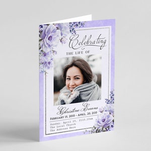 Modèle de programme d'enterrement floral lilas • Modèle de service commémoratif modifiable violet • Programme commémoratif imprimable • Ordre de service